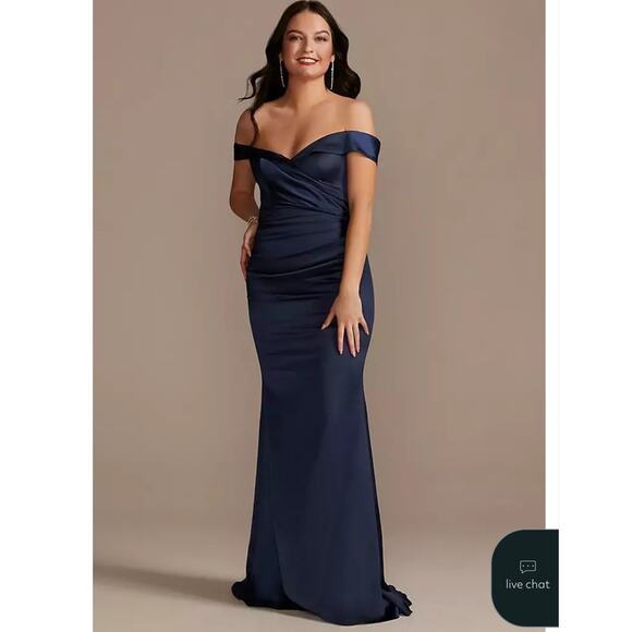 Galina Signature Off Shoulder Ruched  Maxi Mermaid Dress Size 18 Navy - Picture 9 of 9